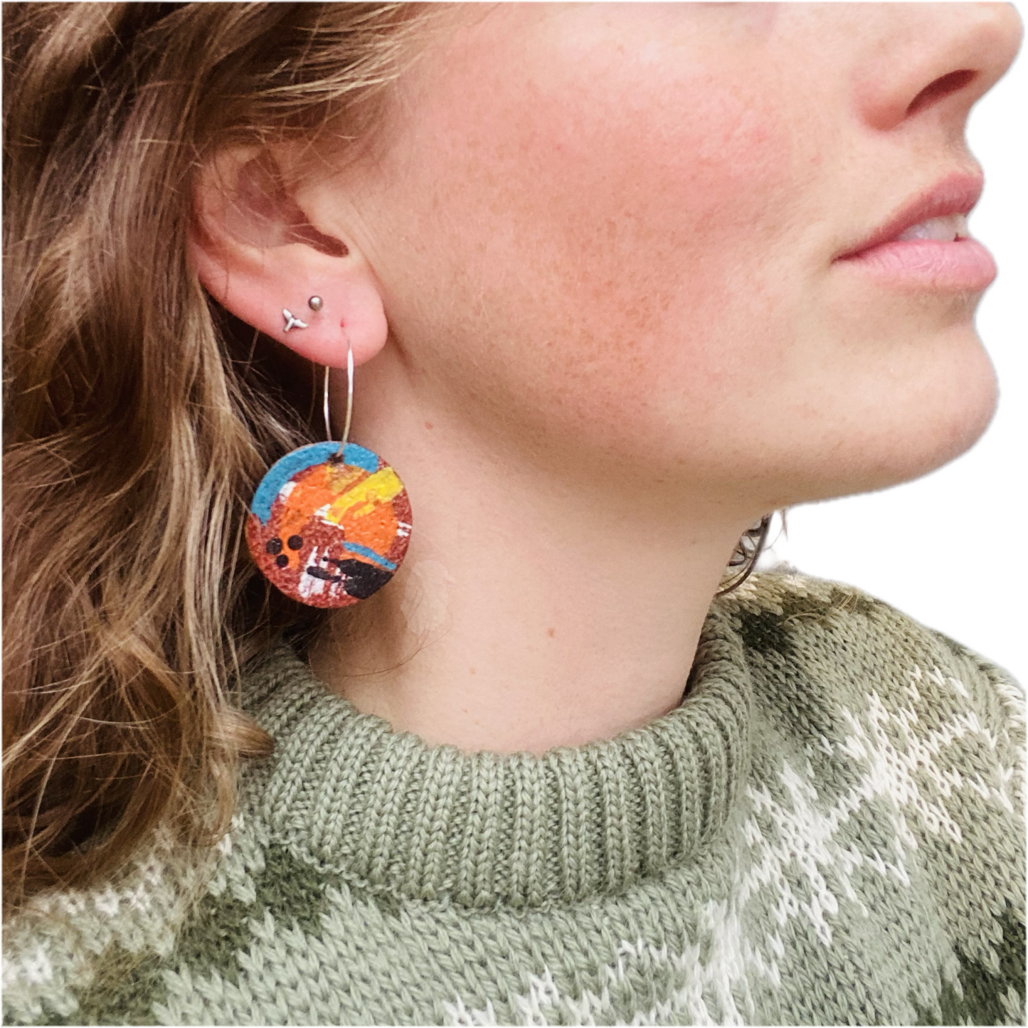 Earrings - Circular on Sterling Leather Silver Hoops