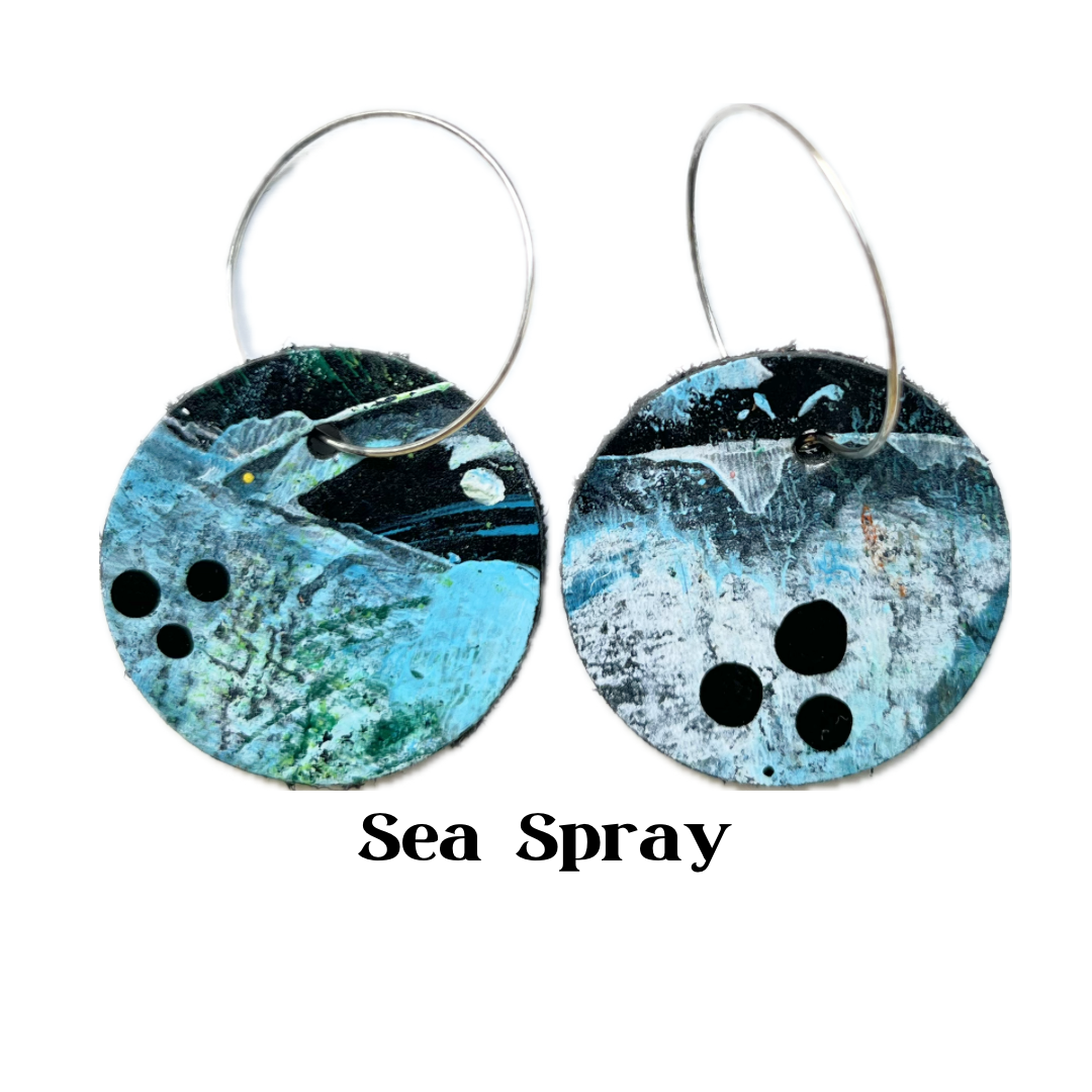 Earrings - Circular on Sterling Leather Silver Hoops