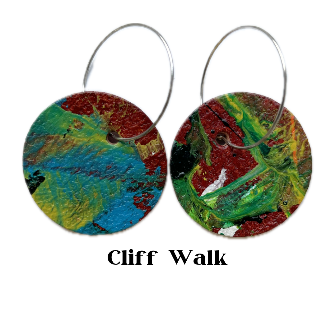 Earrings - Circular on Sterling Leather Silver Hoops