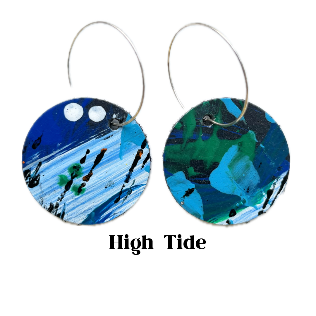 Earrings - Circular on Sterling Leather Silver Hoops