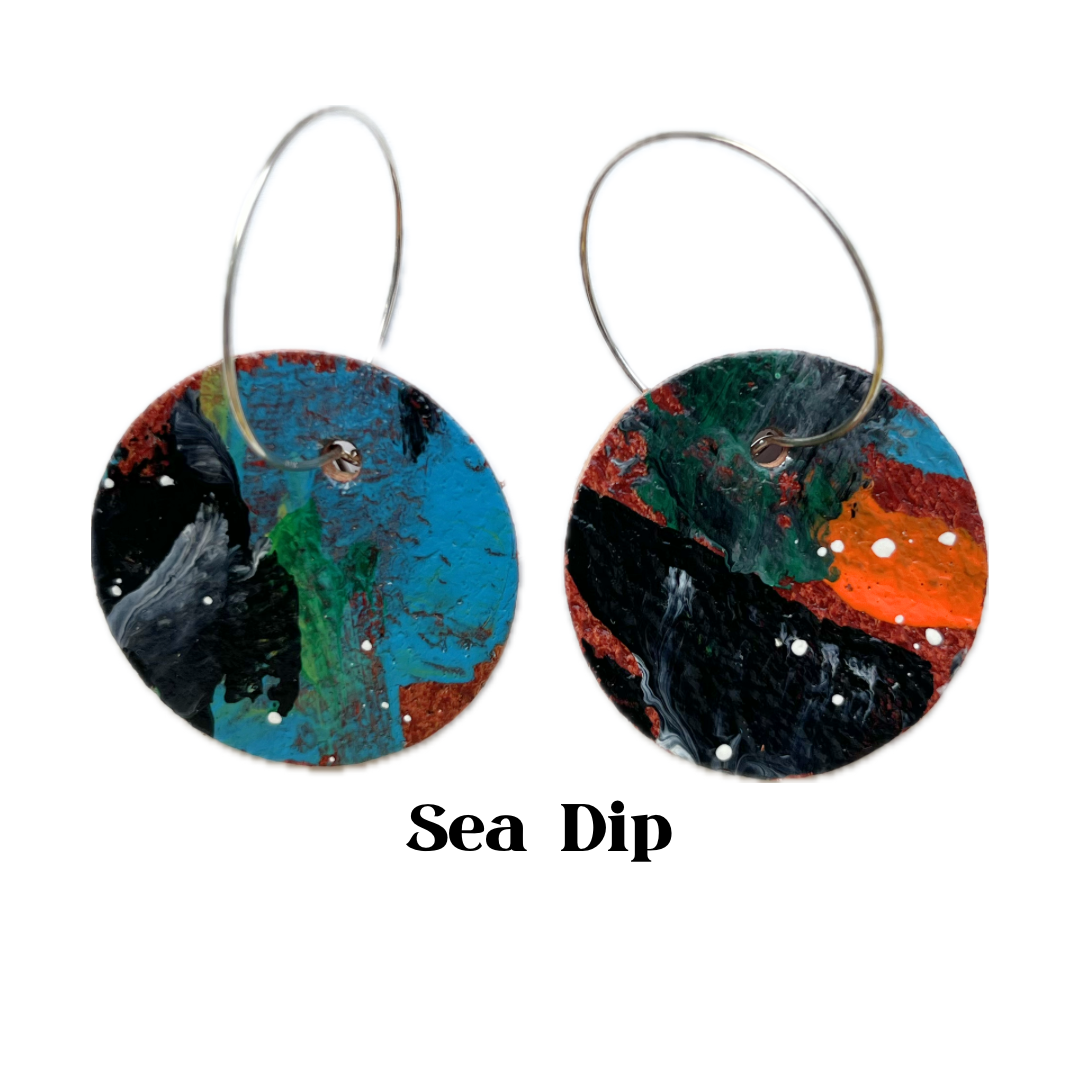 Earrings - Circular on Sterling Leather Silver Hoops