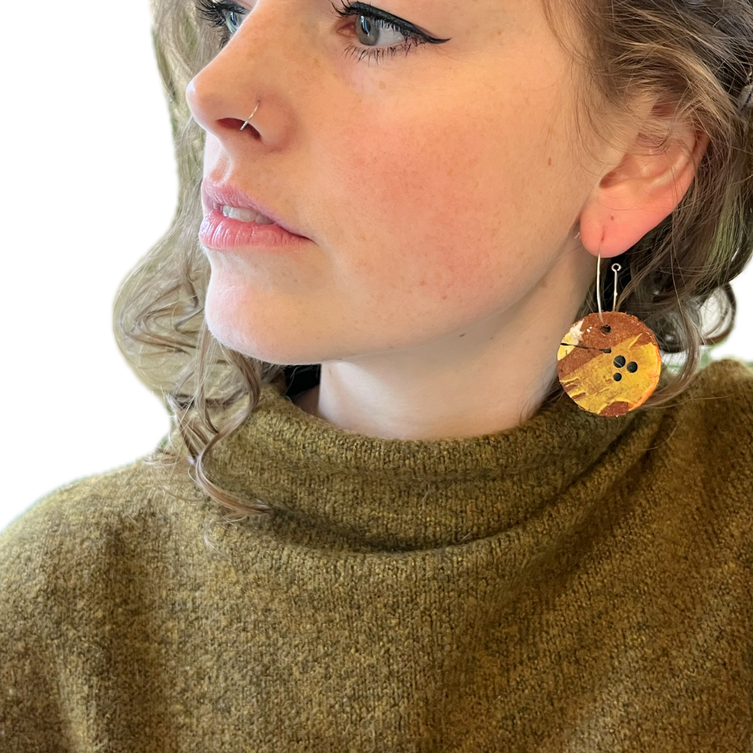 Earrings - Circular on Sterling Leather Silver Hoops