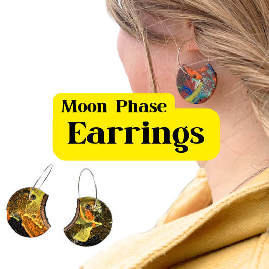 Earrings - Moon Phase Leather on Sterling Silver Hoops