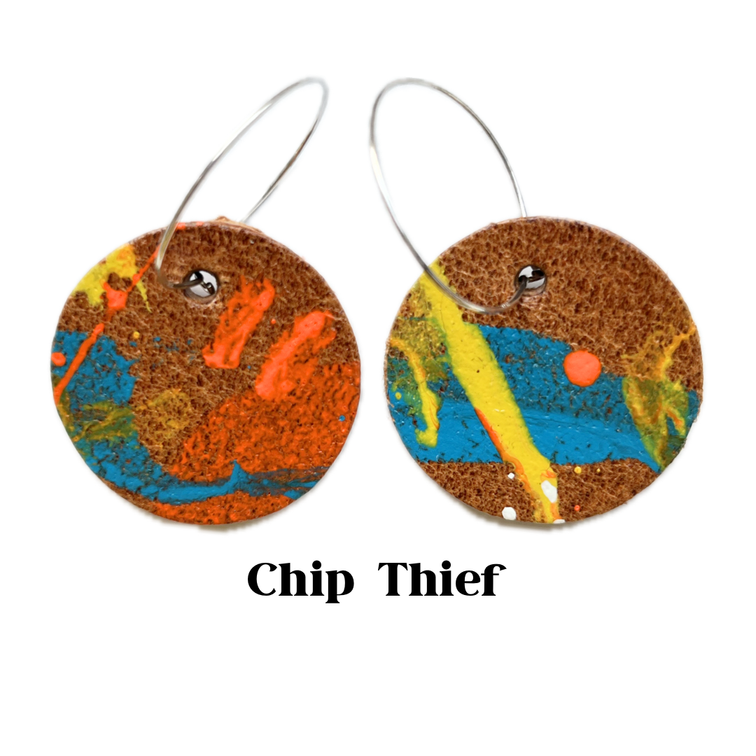 Earrings - Circular on Sterling Leather Silver Hoops