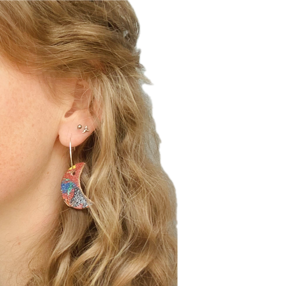 Earrings - Moon Phase Leather on Sterling Silver Hoops